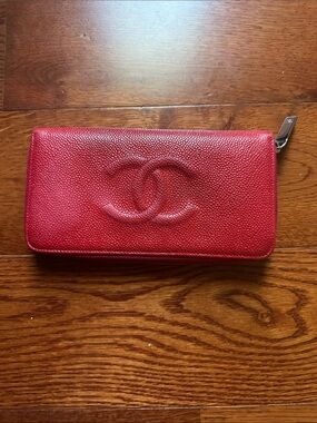 Authentic Chanel Red Quilted Leather Zip Wallet with Embossed CC Logo